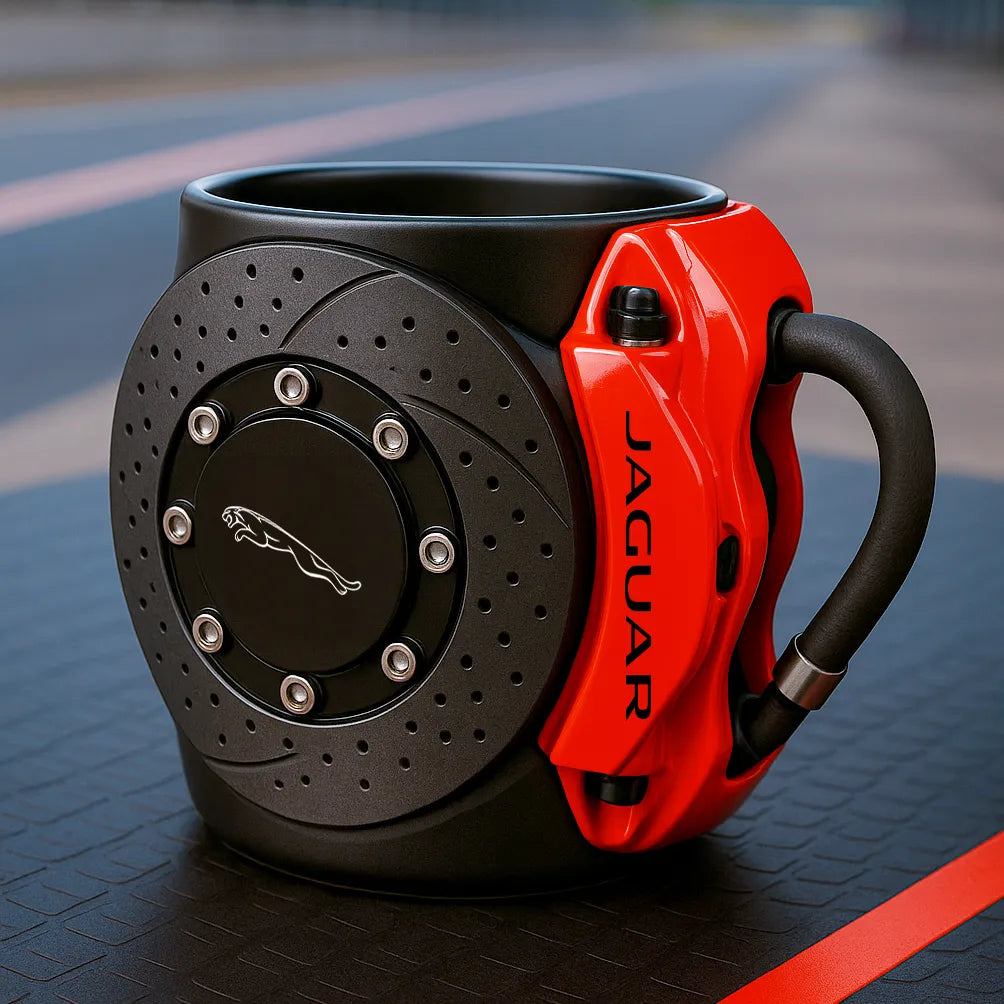 Original taza de café con diseño de disco de freno, estilo automotriz.
