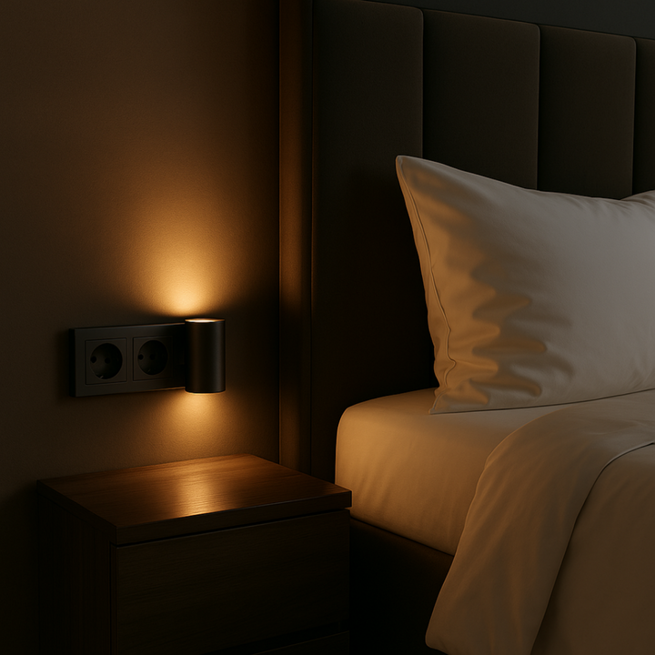 Lámpara LED enchufable para iluminación cálida instantánea. Diseño moderno y minimalista, fácil de usar en cualquier espacio.
