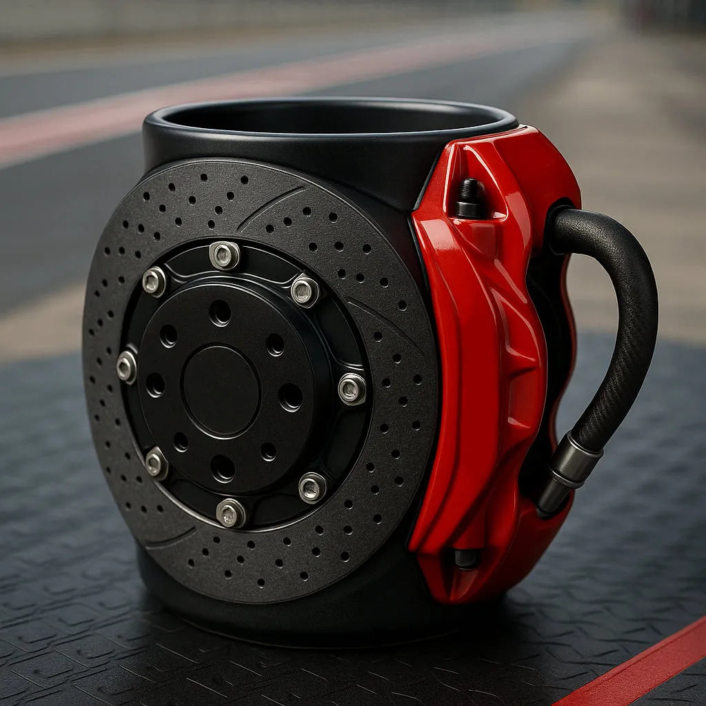 Taza con diseño de disco de freno para entusiastas del motor.