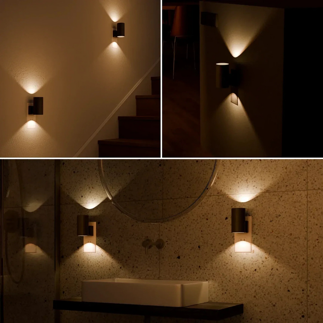 Lámpara LED enchufable decorativa para el hogar. Iluminación cálida y moderna, perfecta como luz ambiente en sala o pasillo.