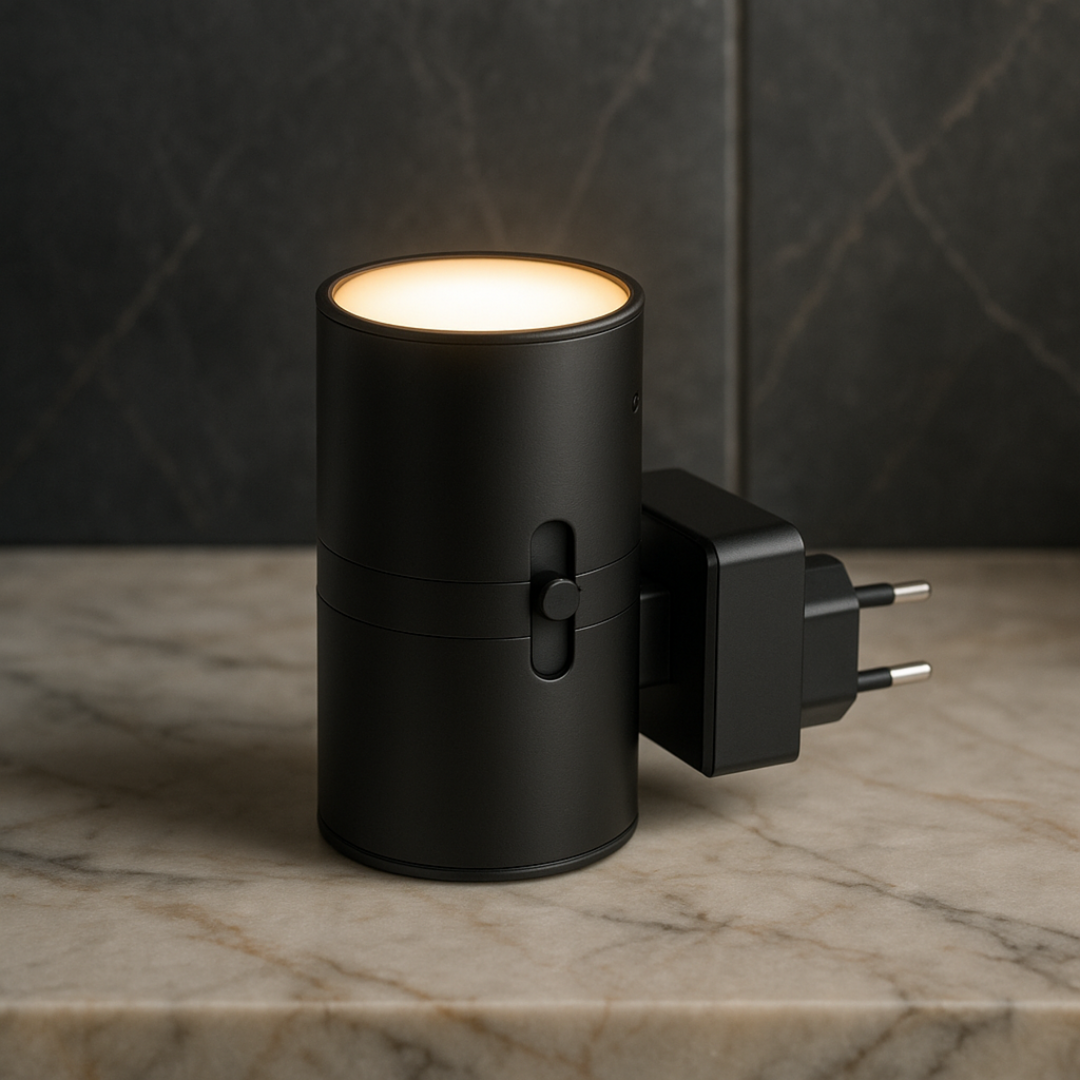 Lámpara LED enchufable moderna, luz cálida para ambiente acogedor. Ahorro energía, diseño minimalista para hogar u oficina.