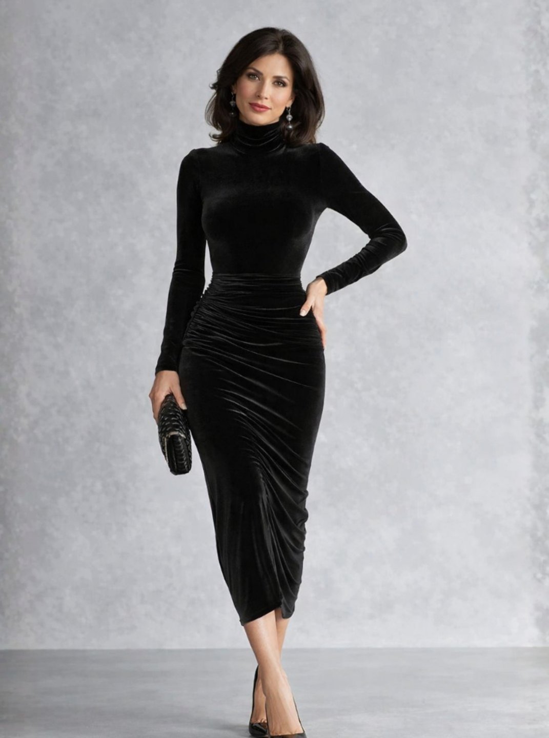Vestido midi de terciopelo fruncido para mujer, cuello alto y manga larga. Ideal para fiesta o cóctel elegante.