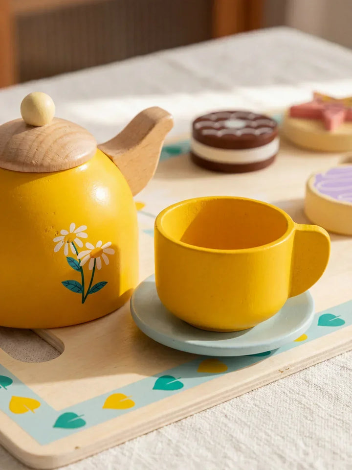 Juego de té didáctico de madera para niños, promueve el aprendizaje y desarrollo de habilidades en la cocina infantil.