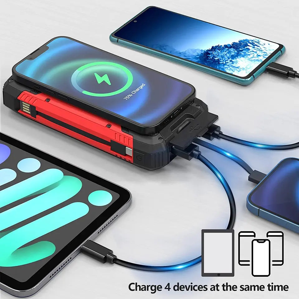 Banco de energía solar 30000mAh, resistente al agua y con carga rápida USB y Qi.