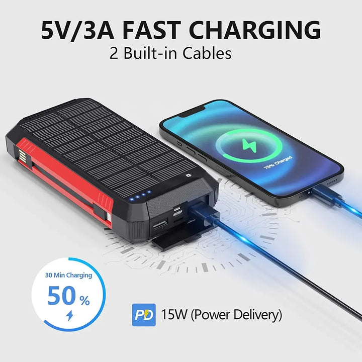 Power bank solar de alta capacidad 30000mAh para dispositivos móviles en exteriores.