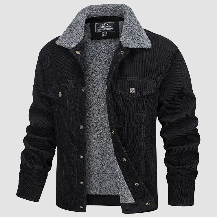 Chaqueta de pana para hombre con forro de borreguito. Abrigo cálido y confortable para moda masculina de otoño e invierno.