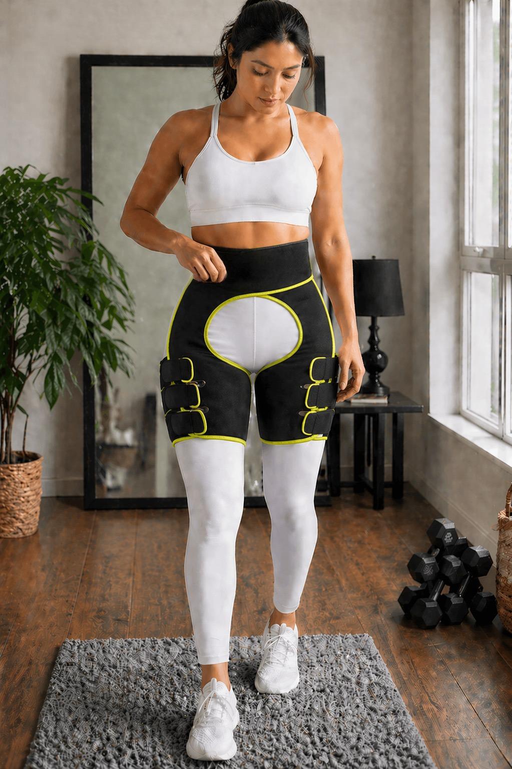 Accesorio fitness: banda de soporte ajustable para caderas y muslos de mujer, perfecta para deporte y gimnasio.