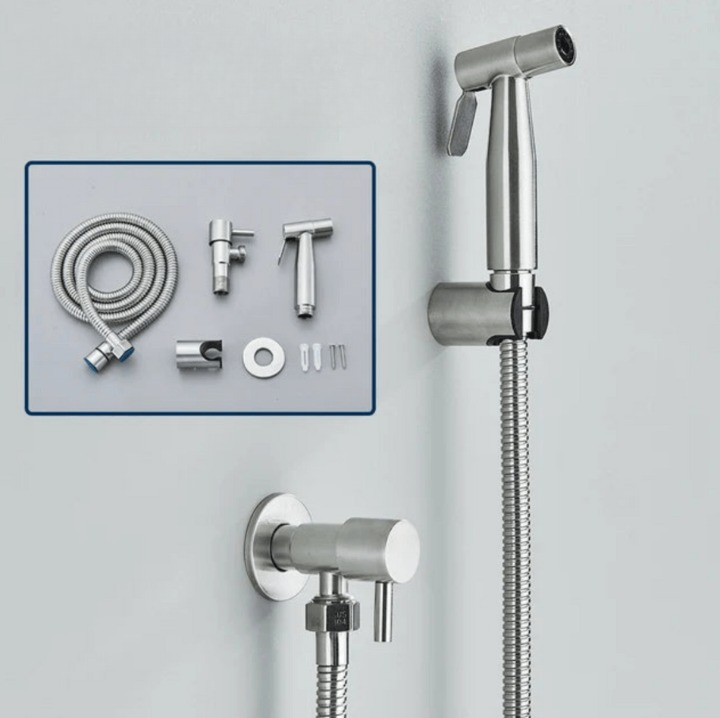 Rociador de inodoro con bidet, diseño moderno en negro, para higiene y confort diario.