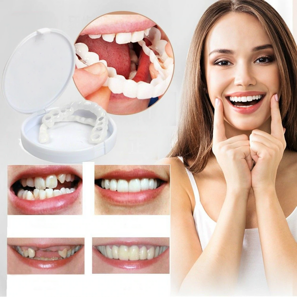 Dientes blancos y sonrisa estética con tratamiento dental no invasivo. Cuidado suave para salud bucal.