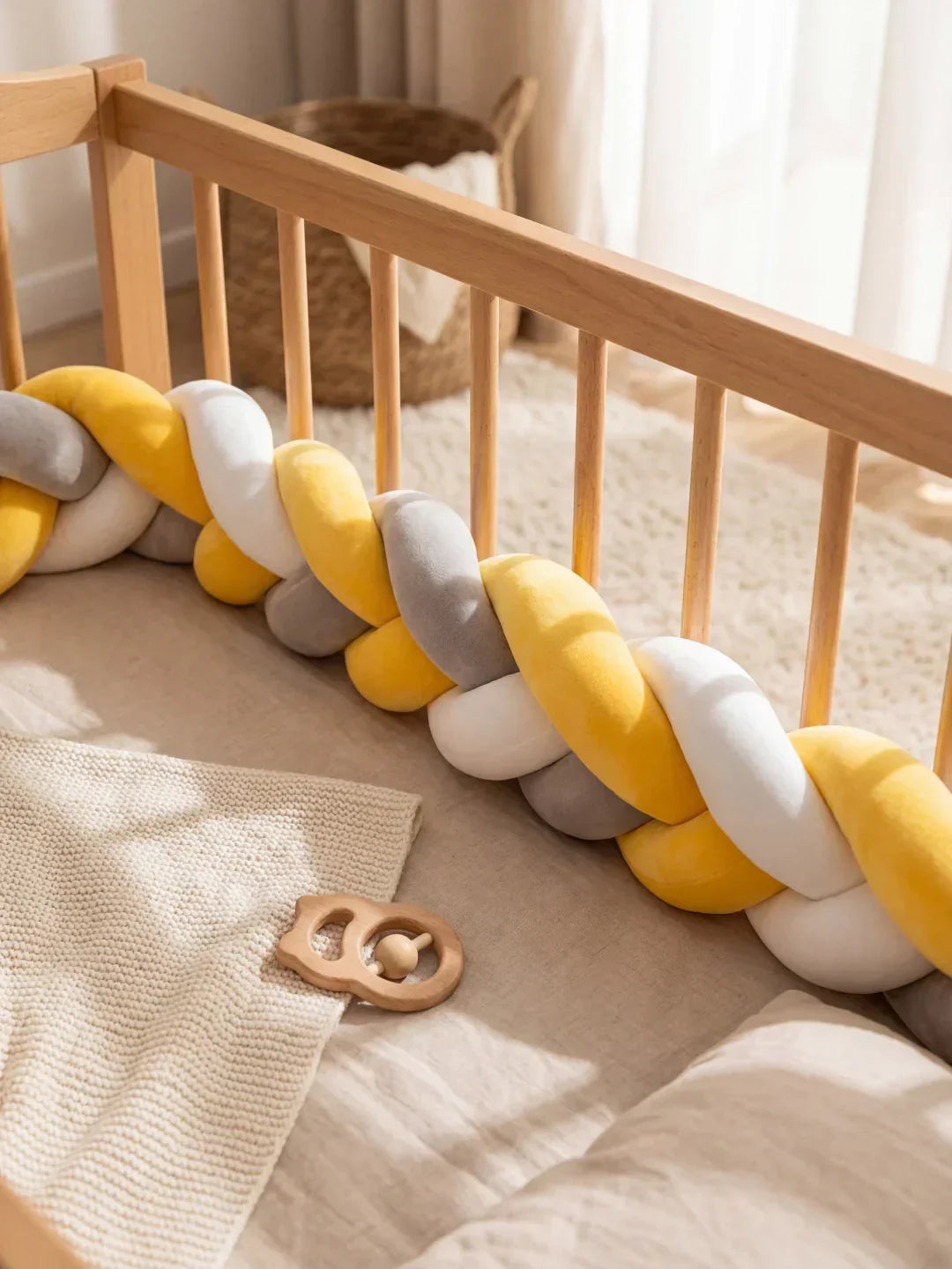 Decoración guardería: Protector de cuna trenzado suave. Borde acolchado para un toque especial.