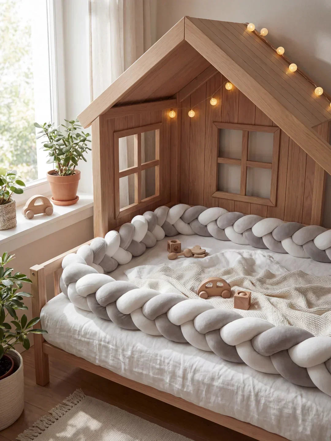 Suavidad del protector cuna trenzado bicolor, acolchado premium de algodón y terciopelo para la piel sensible del bebé.