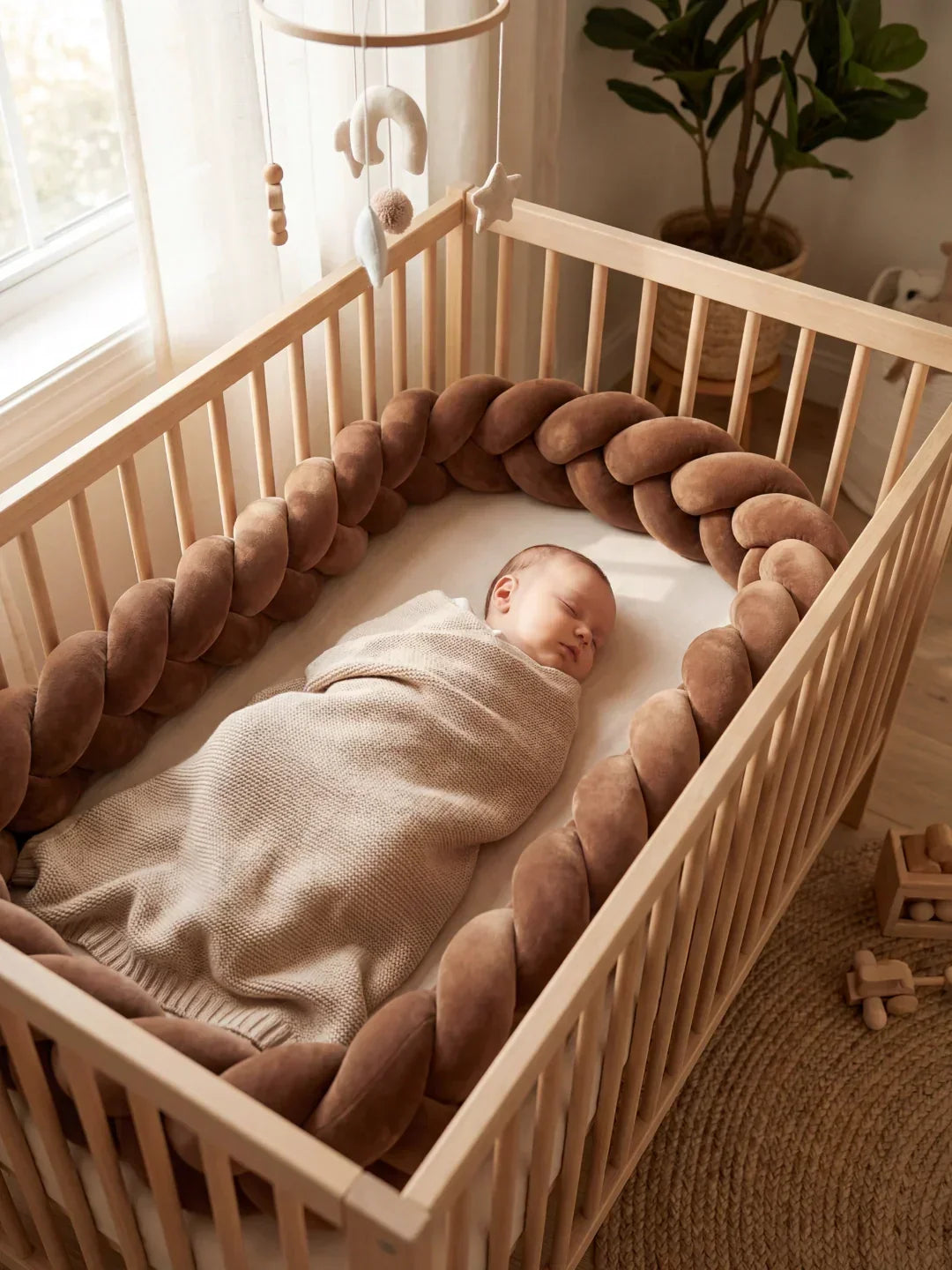 Acolchado trenzado para cuna, mejora la decoración y seguridad infantil.