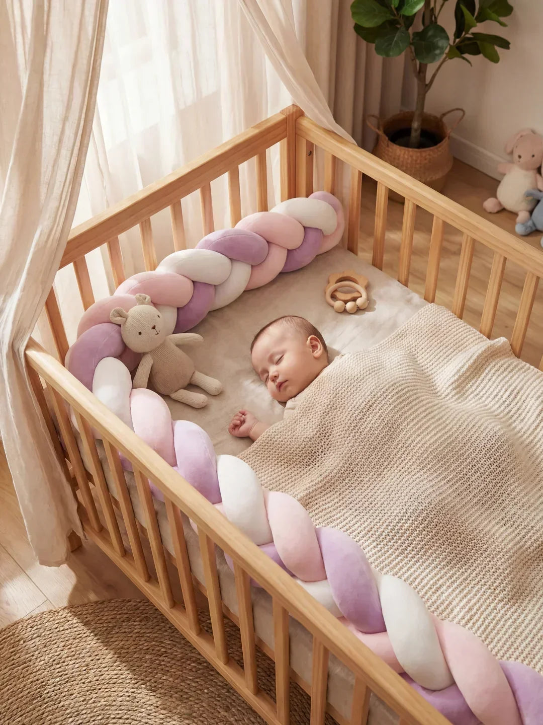 Protector de cuna trenzado para guardería. Borde acolchado suave, seguridad y estilo para el bebé.