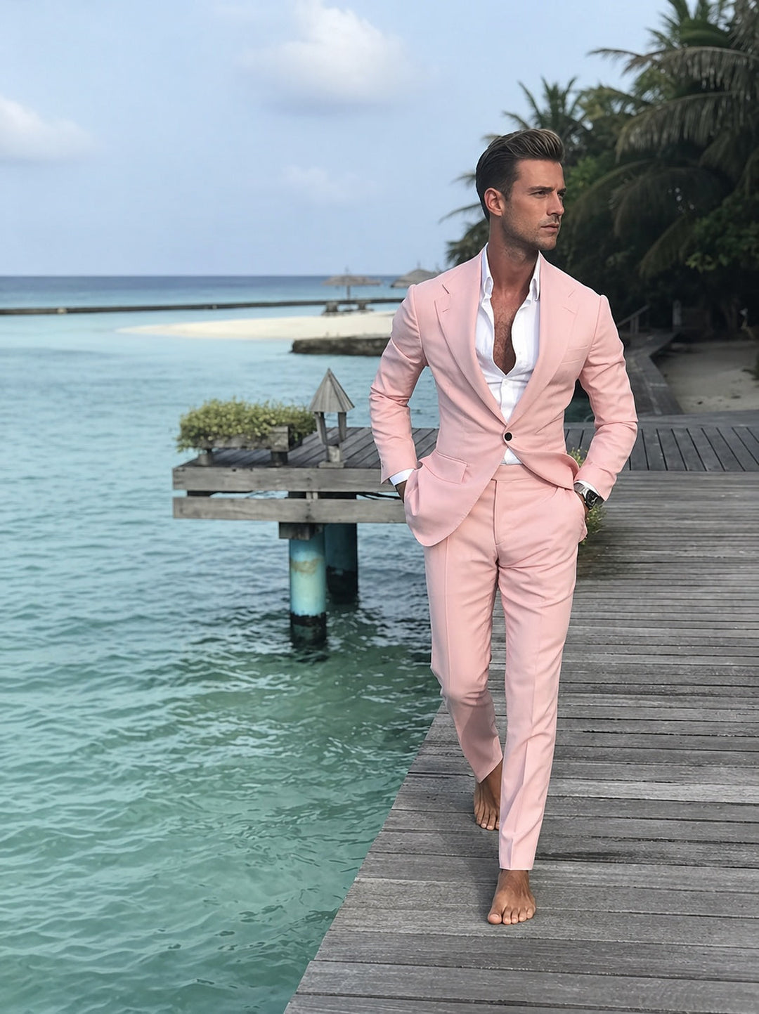 Elegante traje rosa claro slim fit de dos piezas para hombre. Ideal para bodas y ocasiones especiales.