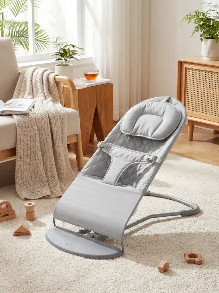 Mecedora bebé plegable en gris, asiento ergonómico para máximo confort y seguridad.