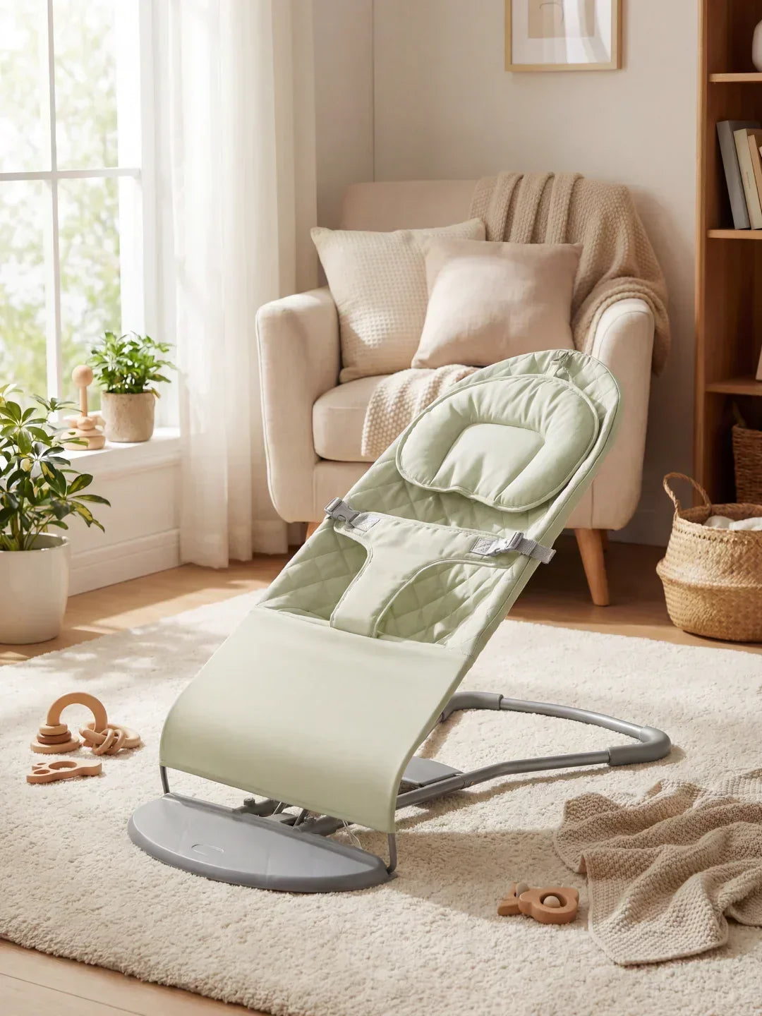 Columpio balancín infantil auto-calmante para recién nacidos, diseño portátil y ergonómico.