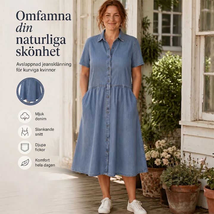 Vestido denim casual para mujer con manga larga, botones y cuello camisero clásico.