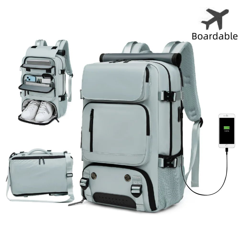 Mochila de viaje antirrobo impermeable con puerto USB y compartimentos seguros. Perfecta para aventuras y travesías.