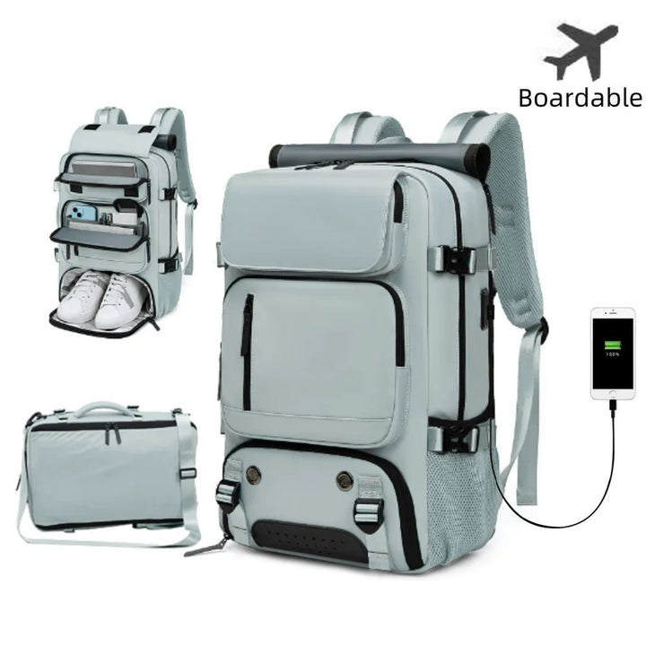 Mochila de viaje antirrobo impermeable con puerto USB y compartimentos seguros. Perfecta para aventuras y travesías.
