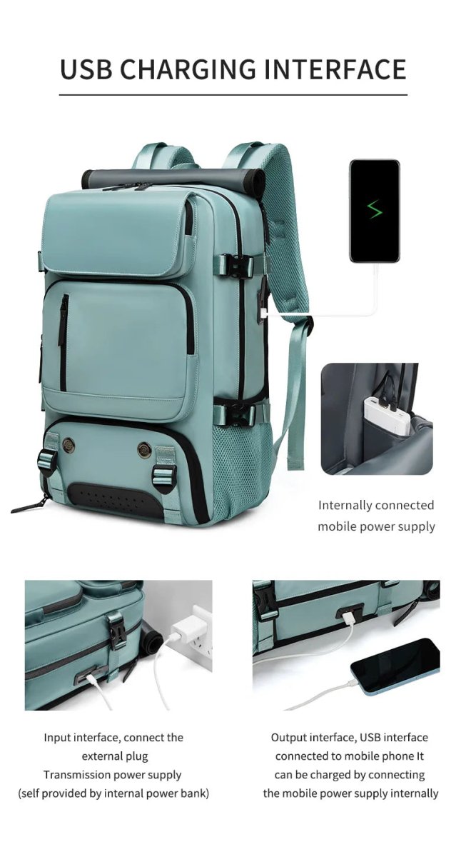 Mochila de viaje impermeable con compartimento para zapatos, puerto USB y espacio para portátil. Gran organización.