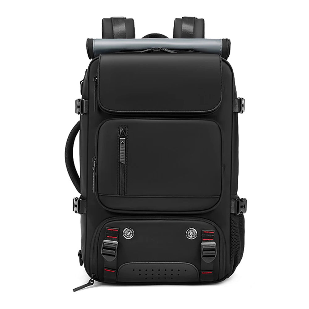 Mochila de viaje impermeable unisex con puerto USB y organización interna, perfecta para portátil y accesorios esenciales.