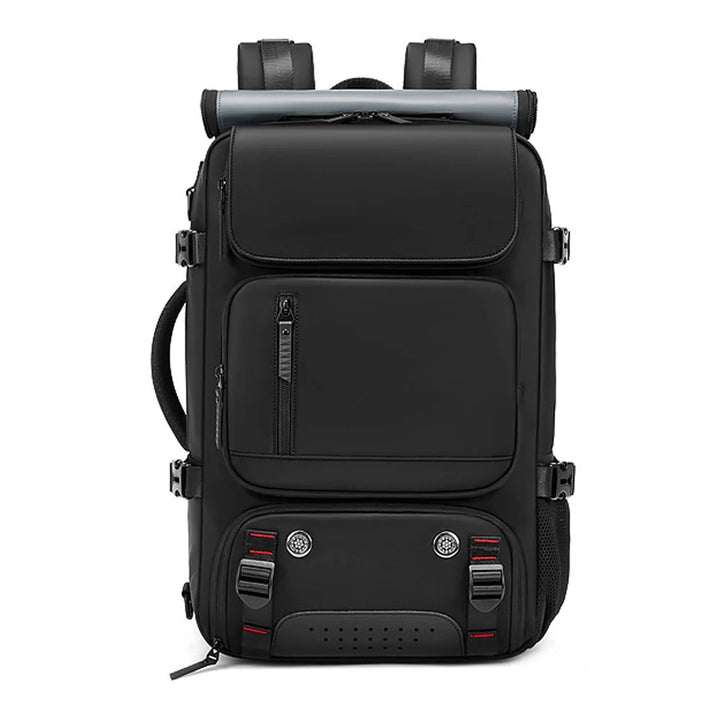 Mochila de viaje impermeable unisex con puerto USB y organización interna, perfecta para portátil y accesorios esenciales.