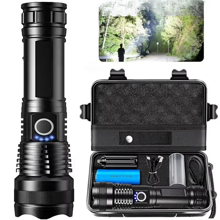 Linterna LED recargable de alto lúmen, ideal para camping, senderismo y emergencias. Diseño portátil y resistente.
