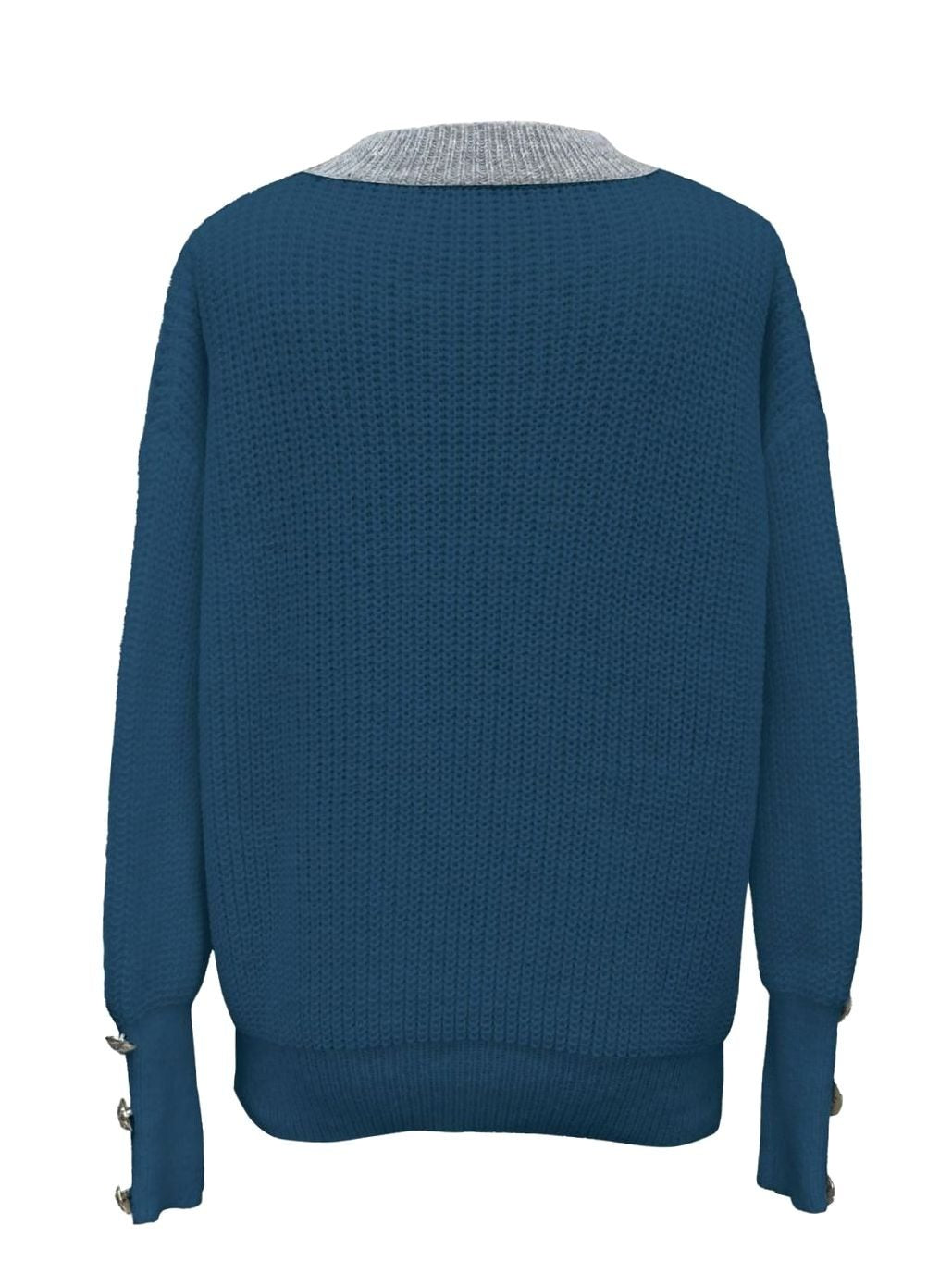 Jersey de punto canalé versátil para mujer, con cuello pico y detalle de botones. Ideal para moda casual o formal.