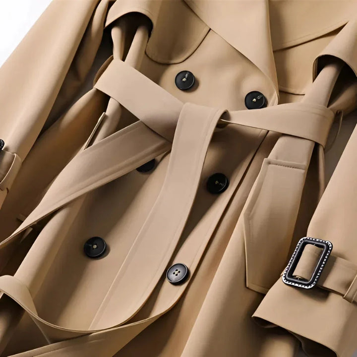 Abrigo de gabardina femenino con solapas y cinturón, ideal para atuendos versátiles de primavera.