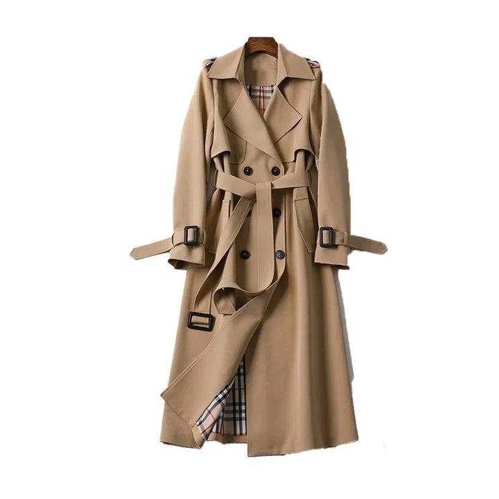 Gabardina larga clásica para mujer con cinturón, estilo sofisticado y elegante para otoño.