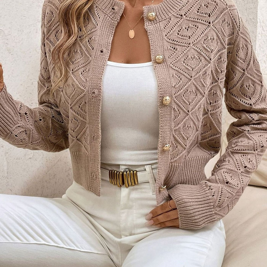 Cárdigan corto de punto diamante, ideal para la moda de primavera-otoño, estilo y botones.