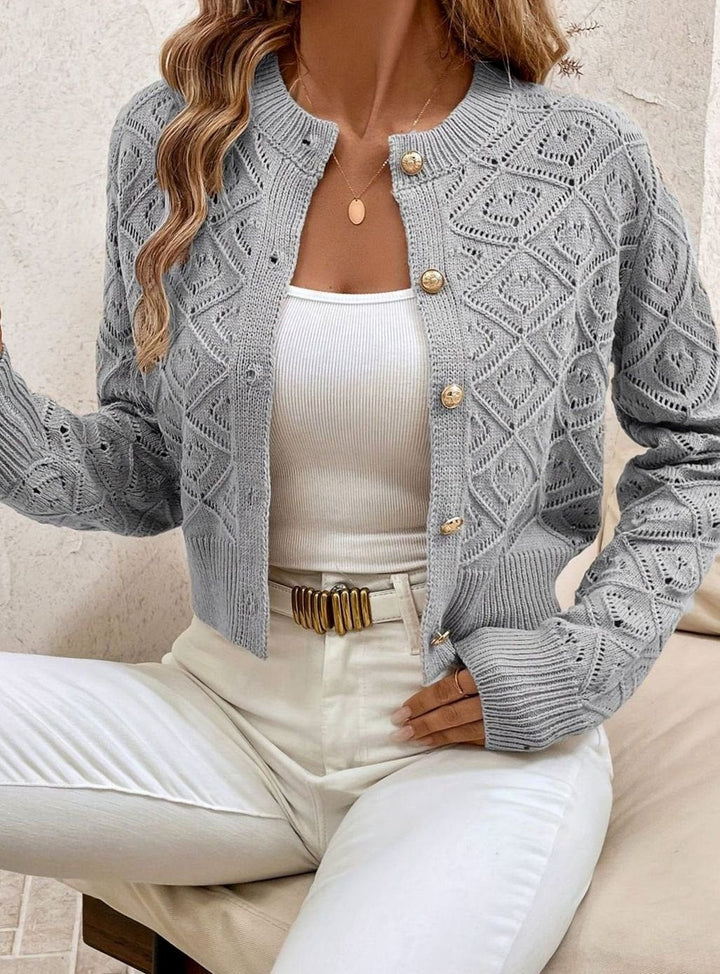Elegante cárdigan corto de punto diamante para mujer, ideal para otoño/primavera, con botones.