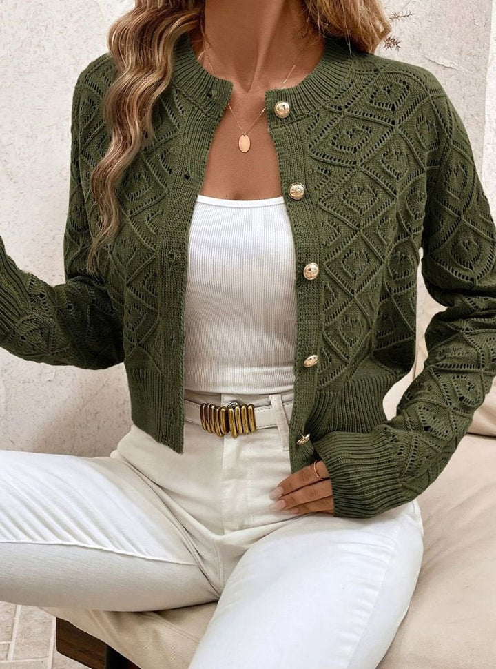 Cárdigan corto de punto diamante para mujer, vista trasera, estilo casual y elegante.