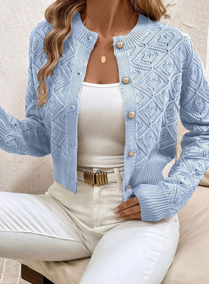 Cárdigan corto de punto diamante con botones, moda mujer, perfecto para capas en otoño.