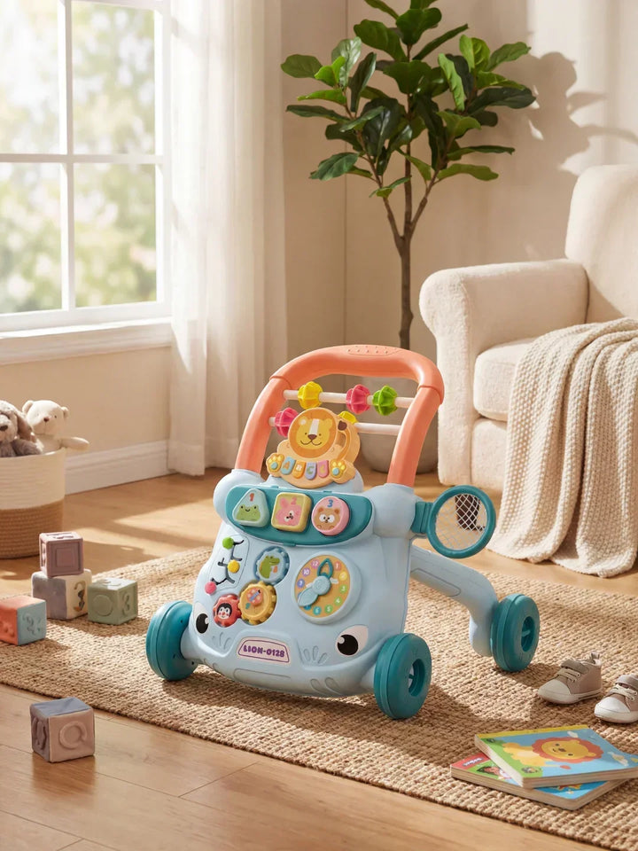 Bebé juega con andador centro de actividades, fomenta desarrollo motor y sensorial, juguete educativo para primeros pasos.