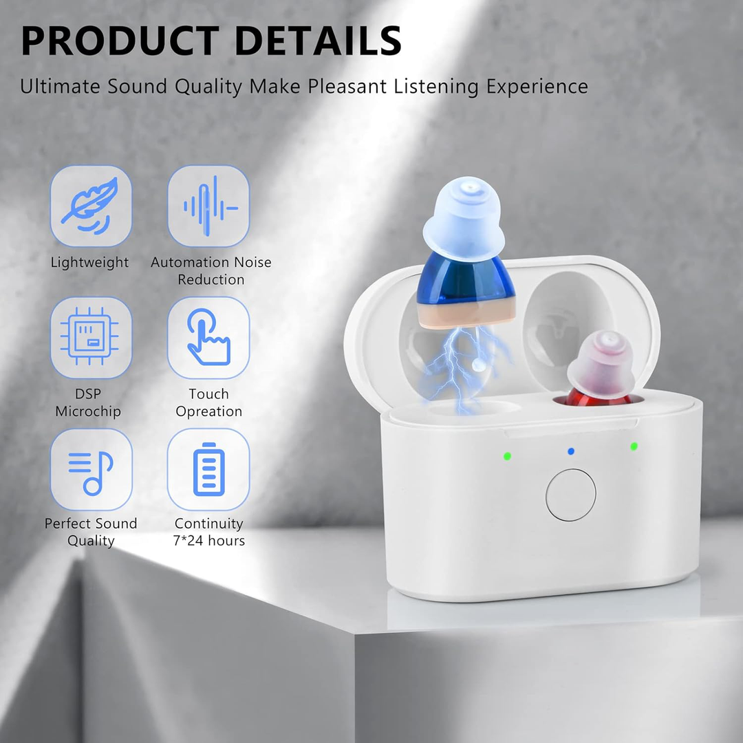 Audífonos discretos ergonómicos y cómodos. Tecnología invisible que se ajusta perfectamente para uso diario sin molestias.