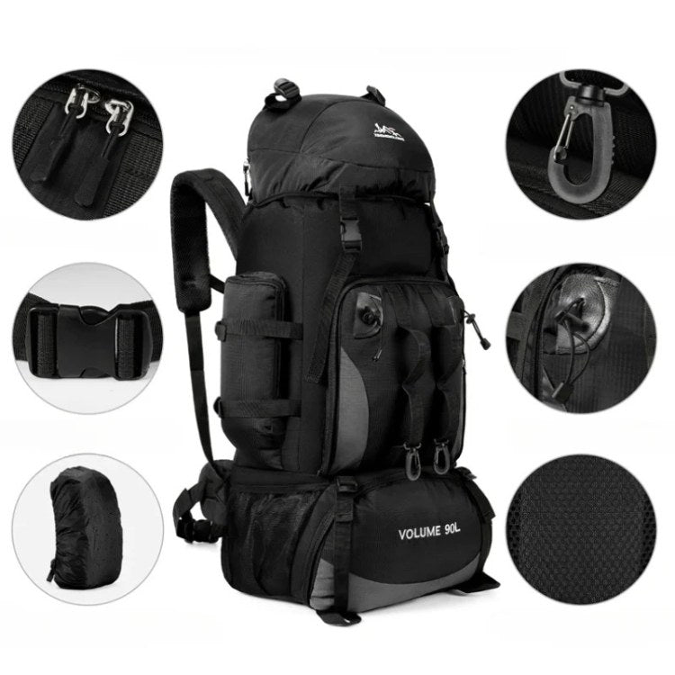 Mochila de senderismo impermeable 90L, perfecta para aire libre, camping y viajes largos, con diseño robusto.