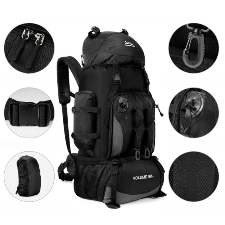 Mochila de senderismo impermeable 90L, perfecta para aire libre, camping y viajes largos, con diseño robusto.