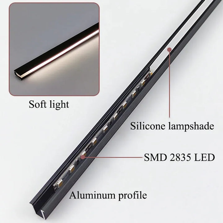 Lámpara lineal LED delgada para gabinetes de cocina o estantes. Luz cálida/fría, ahorro energético y moderno.