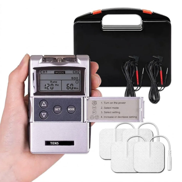 Estimulador muscular TENS & EMS unisex con 4 electrodos para alivio del dolor y recuperación muscular.