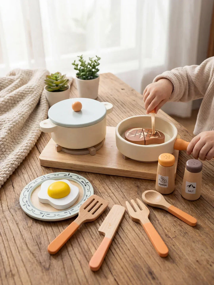 Cocina de juguete de madera con estufa, horno y fregadero, perillas clic, estimulando la imaginación infantil.