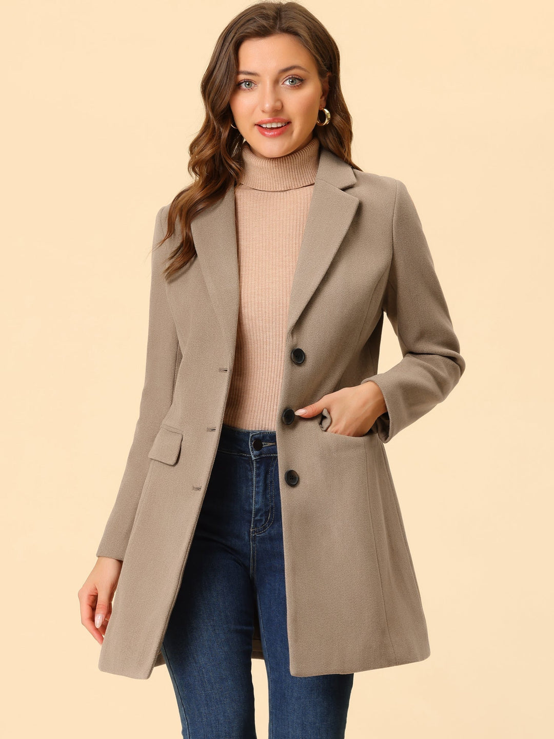 Abrigo largo de invierno para mujer, clásico con solapa, cálido y con estilo.