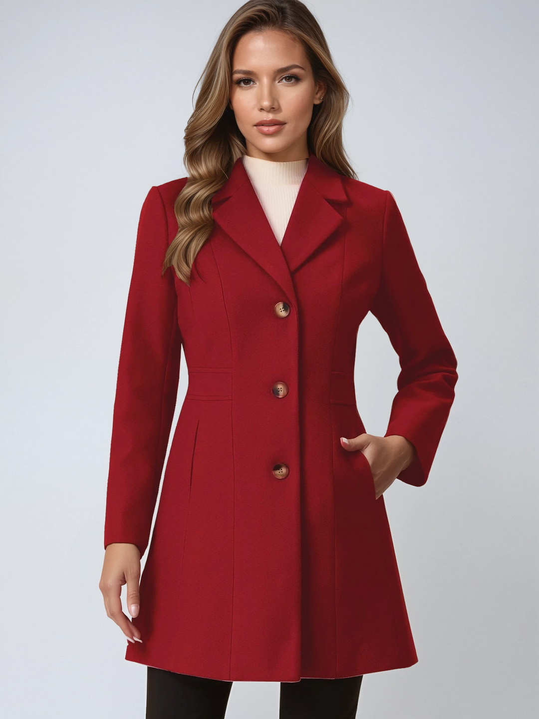 Abrigo largo para mujer, estilo sofisticado de invierno, con botones visibles.