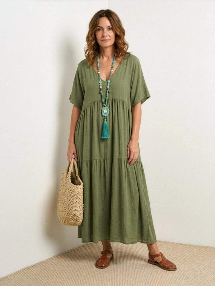 Vestido de mujer estilo bohemio, maxi y con escote V, perfecto para la playa.