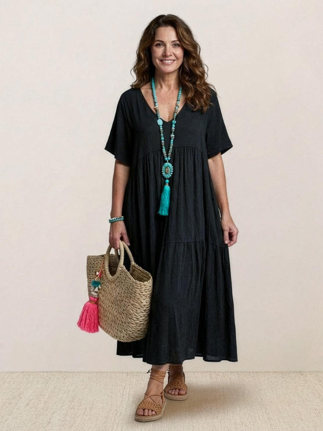 Vestido bohemio de verano, maxi y cómodo, con escote V, para mujer.