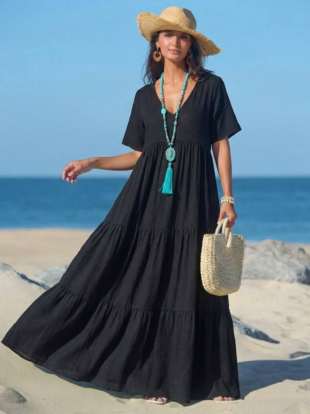 Maxi vestido bohemio y fluido, escote V, para mujer, perfecto para paseos de verano.