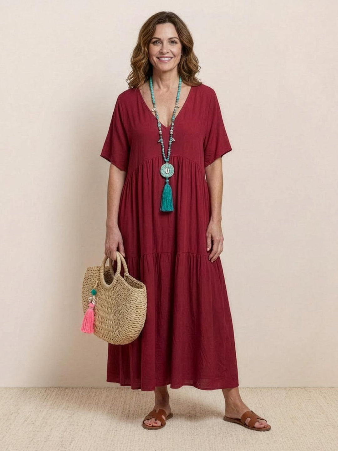 Vestido maxi de capas para mujer, bohemio y fresco, con escote V, para días de verano.