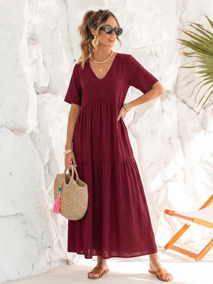 Vestido casual-elegante, maxi y fluido, para mujer, con escote V y estilo bohemio.