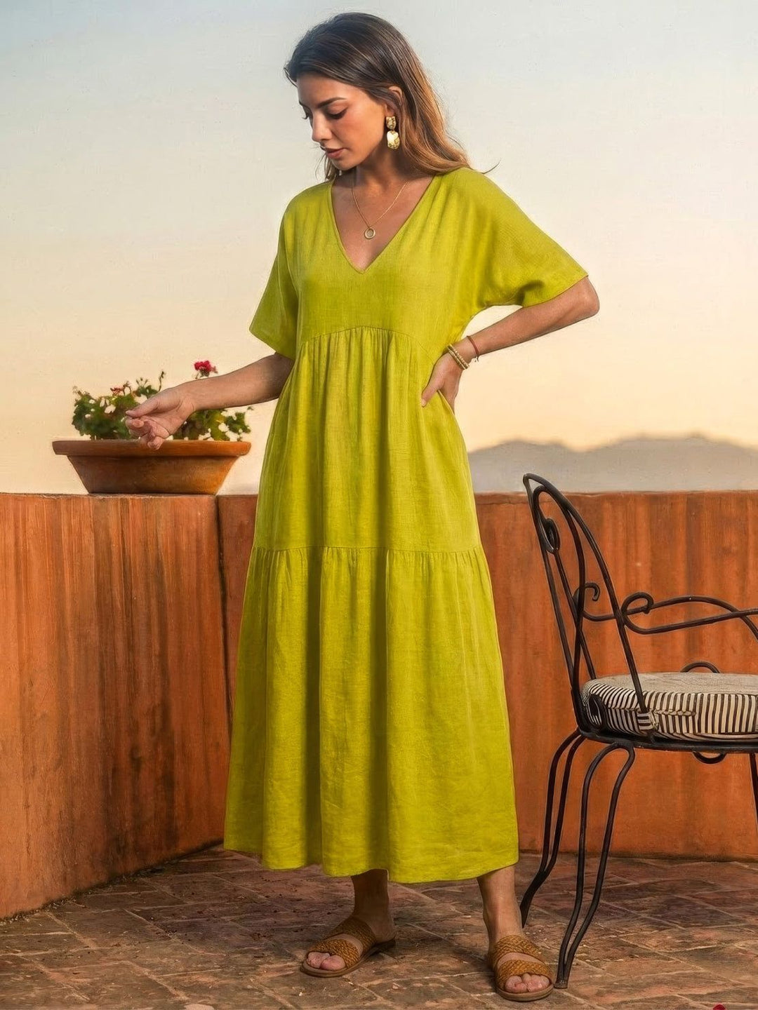 Vestido casual de playa, maxi y bohemio, para mujer, con escote V, muy fluido.