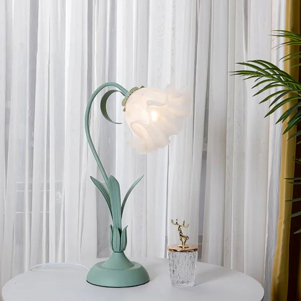 Lámpara de mesa verde floral, estilo retro y brazo ajustable para tu salón.